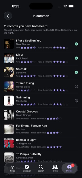 Discos que dos personas han escuchado, con la calificación de cada una lado a lado.