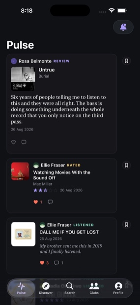 The Pulse feed: people you follow listening to, rating and reviewing records.